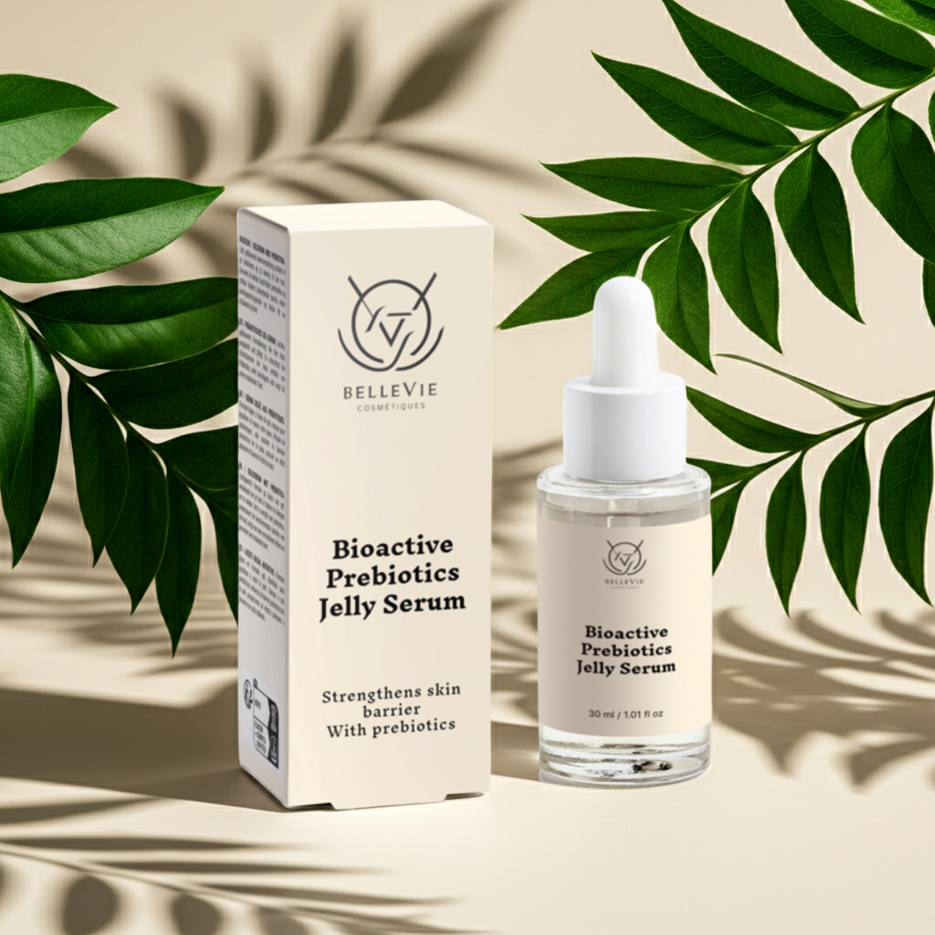 Bioactive prebiotics jelly serum in a 30ml bottle with a clear, gel-like texture for hydration and skin radiance.