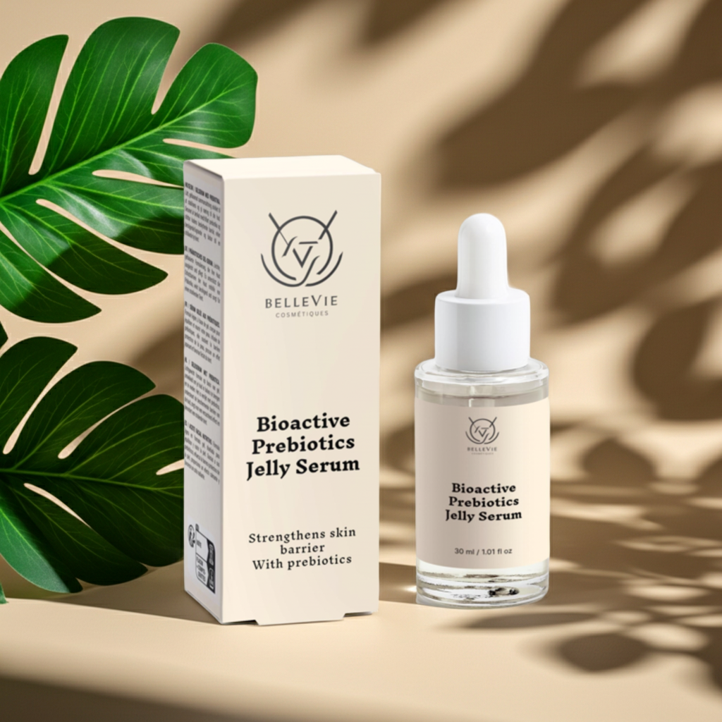 Bioactive prebiotics jelly serum in a 30ml bottle, featuring a clear gel texture, designed to hydrate, balance, and restore skin radiance.