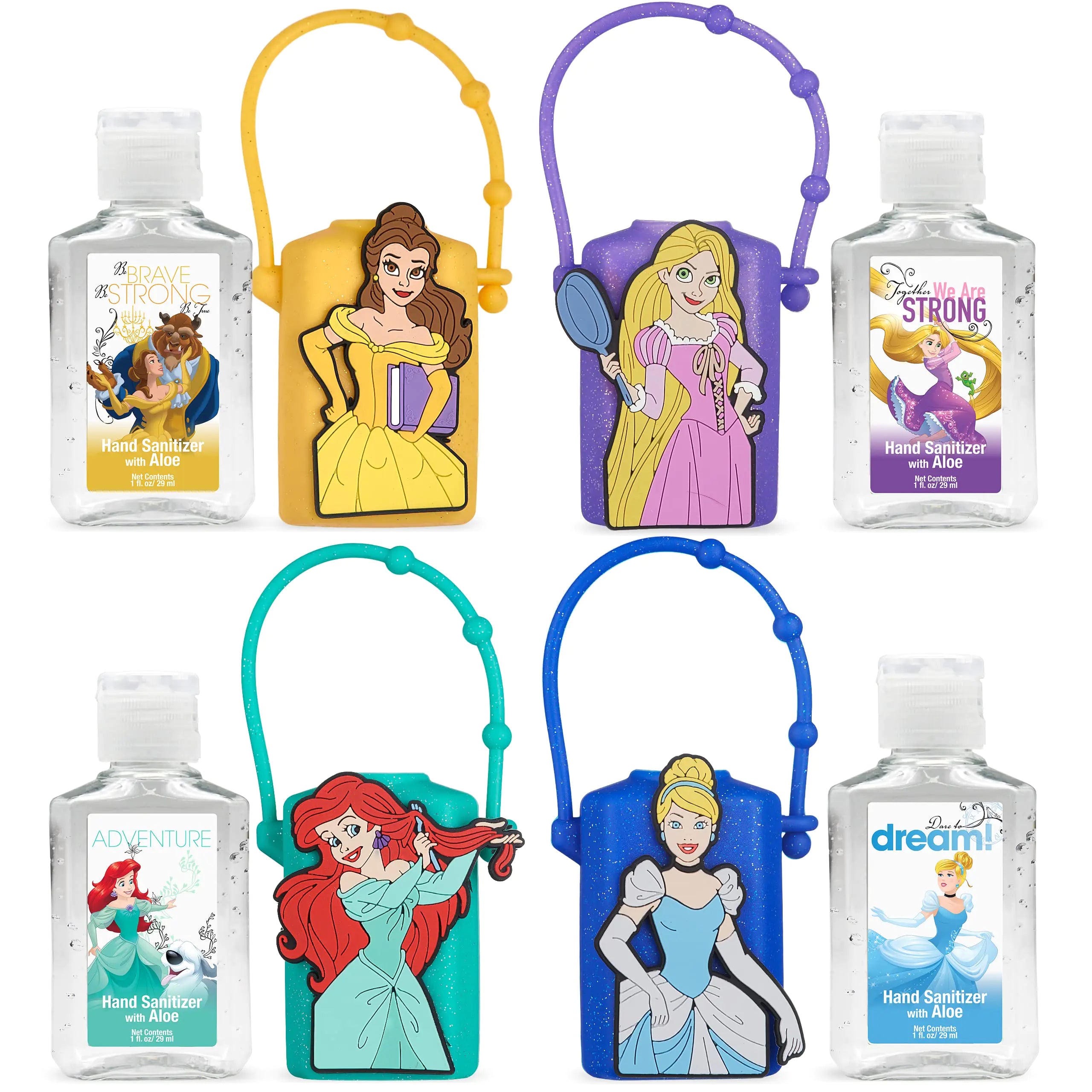 Evergreen Research Disney Store Princess Hand Sanitizer Holder Set - Pack of 4 Travel Size Refillable and Portable Sanitizers w/Holders and Clip