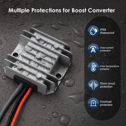 Starlink Mini Boost Regulator 12V/24V to 30V 3.5A DC step-up converter with O terminal power adapter cable, silver finish.