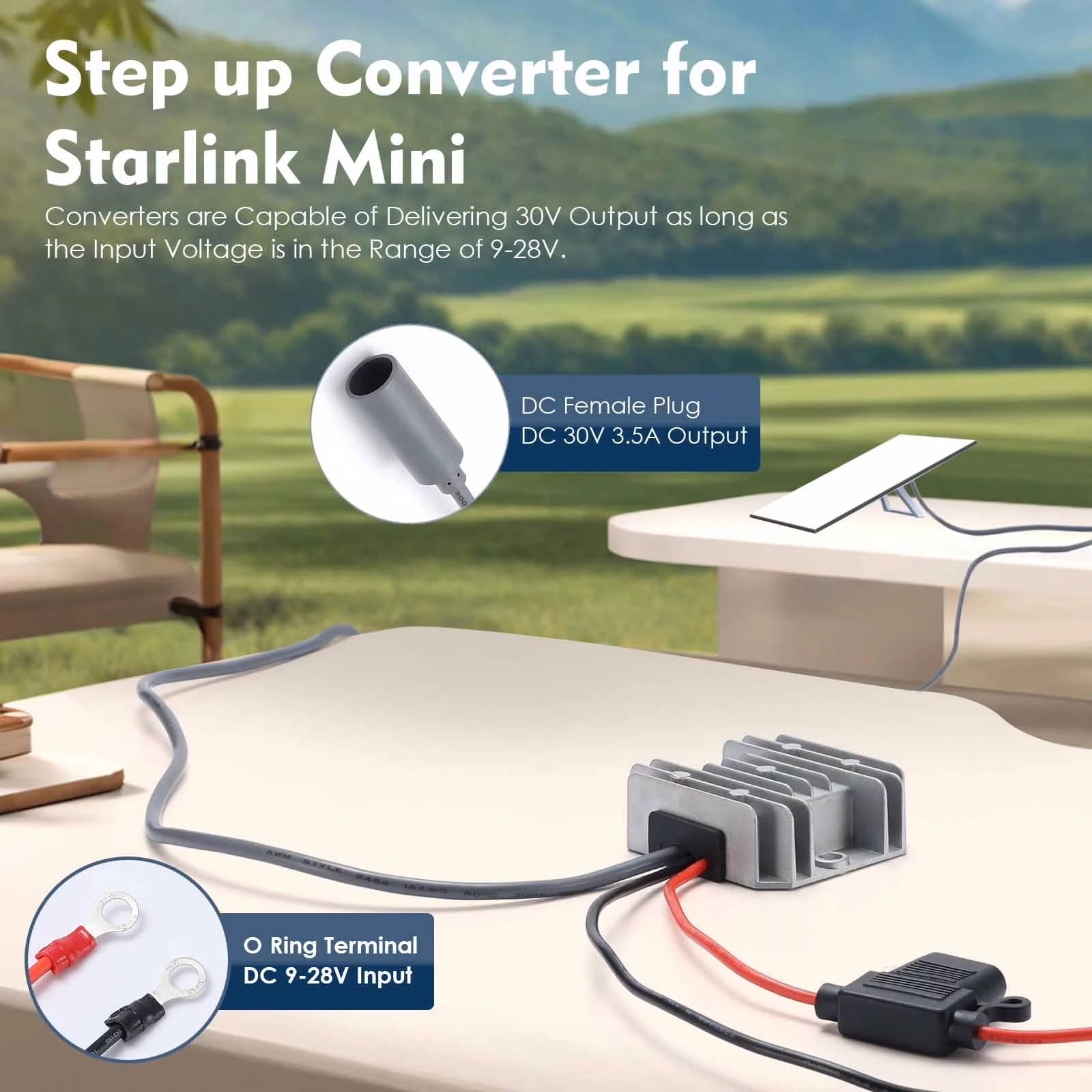 Starlink Mini Boost Regulator DC 5521 step-up converter cable for 12V/24V to 30V, 3.5A, silver finish, power adapter accessory.