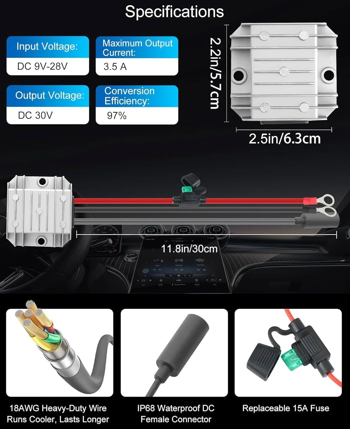 Starlink mini O-ring to DC female boost converter for car power, 12V/24V to 30V, 3.5A with fuse cable, black compact design.