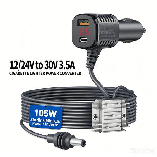 Starlink mini car charger cable with digital display, 105W power adapter for car, RV, and boat, black 2-meter cable from Guangzhou Chuangze