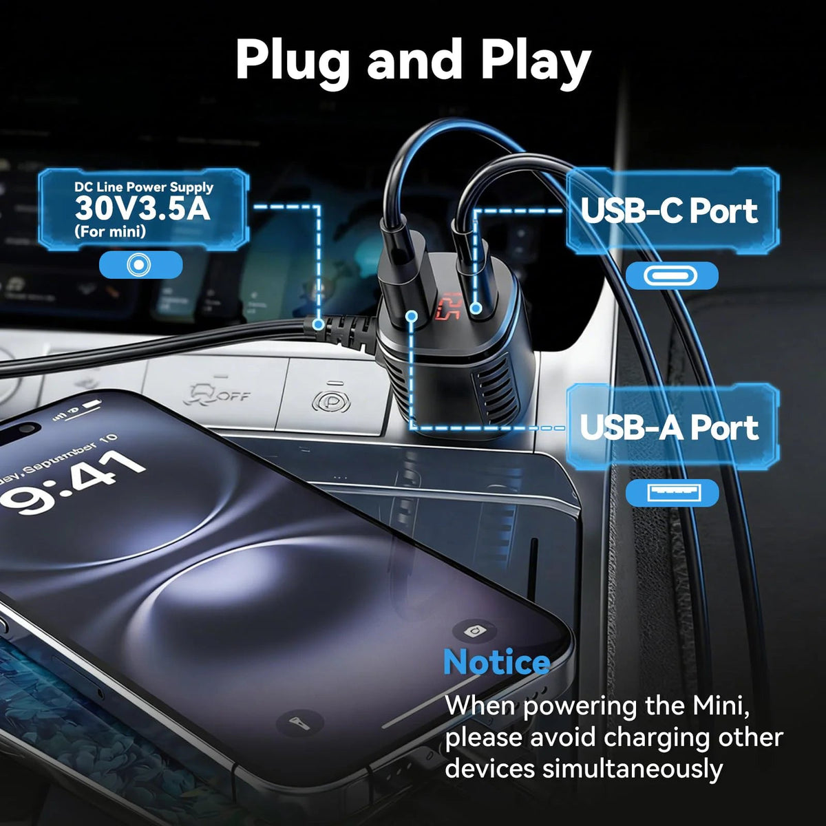 Starlink mini car charger cable with digital display, 105W power adapter for car, RV, and boat, black 2m length.