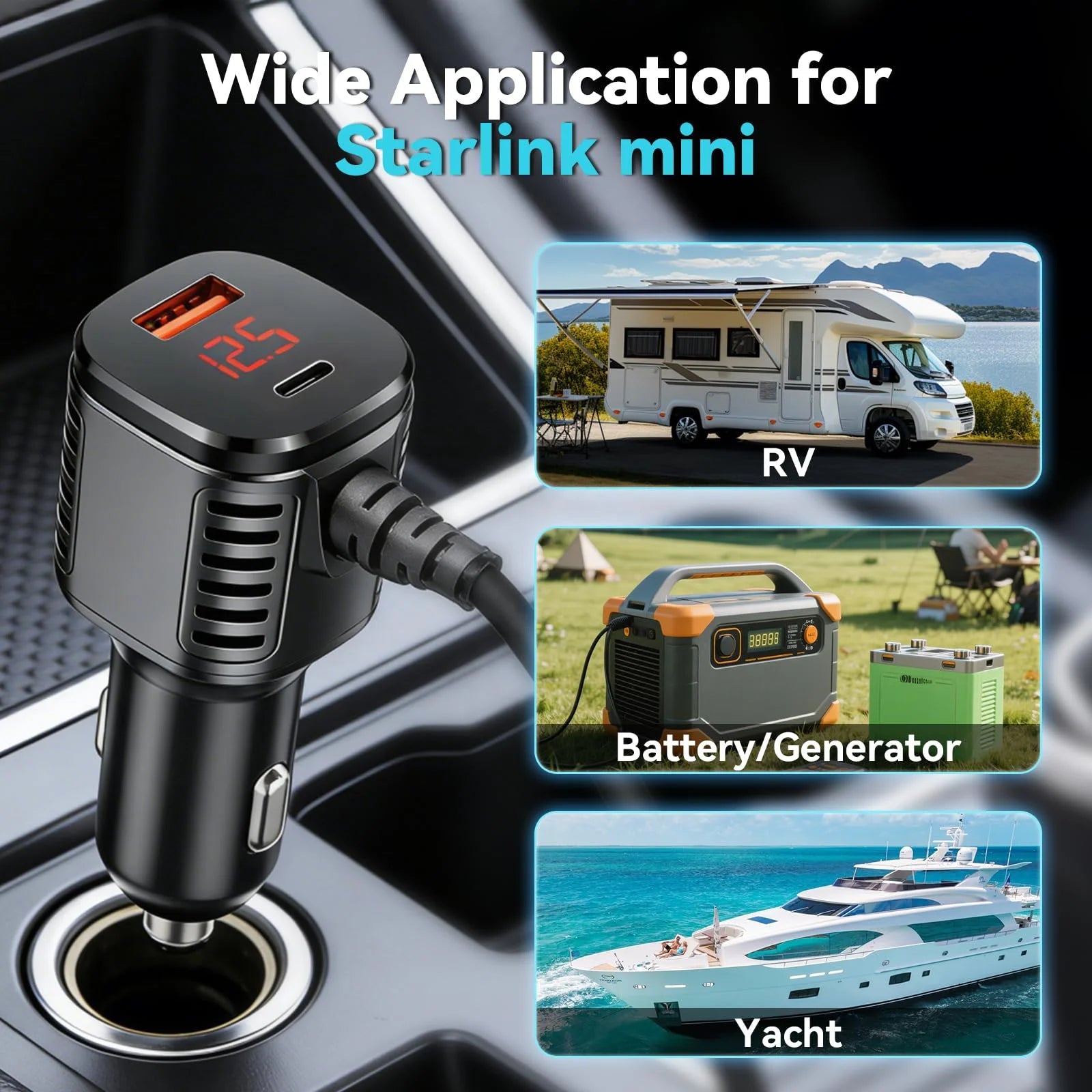 Starlink 105W mini car charger cable with digital display, 12V-24V DC power adapter for car, RV, and boat use.