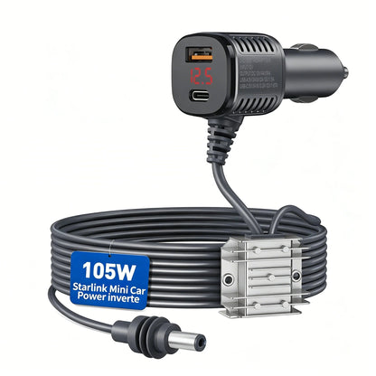 Starlink 105W mini car charger cable with digital display, 12V-24V DC power adapter for car, RV, and boat use.