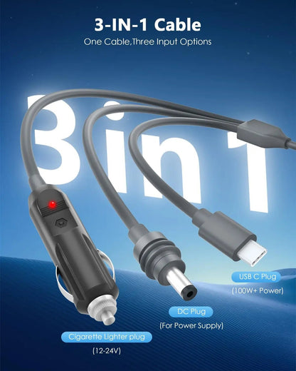 Starlink 3-in-1 100W USB-C DC car power cable for Starlink Mini, suitable for RV, boat, and vehicle charging, 3m or 5m length.