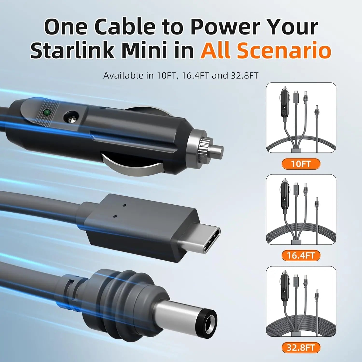 Starlink 3-in-1 100W USB-C DC car power cable for Starlink Mini, RV, boat, 12-24V vehicle charging, in black.