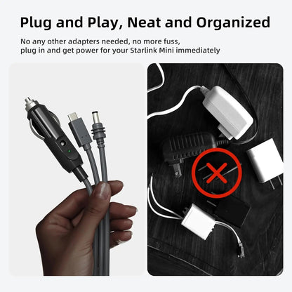 Starlink 3-in-1 car charger cable for Gen3 and Mini, waterproof 12V-24V power cord with USB-C port, black, 5 meters long.