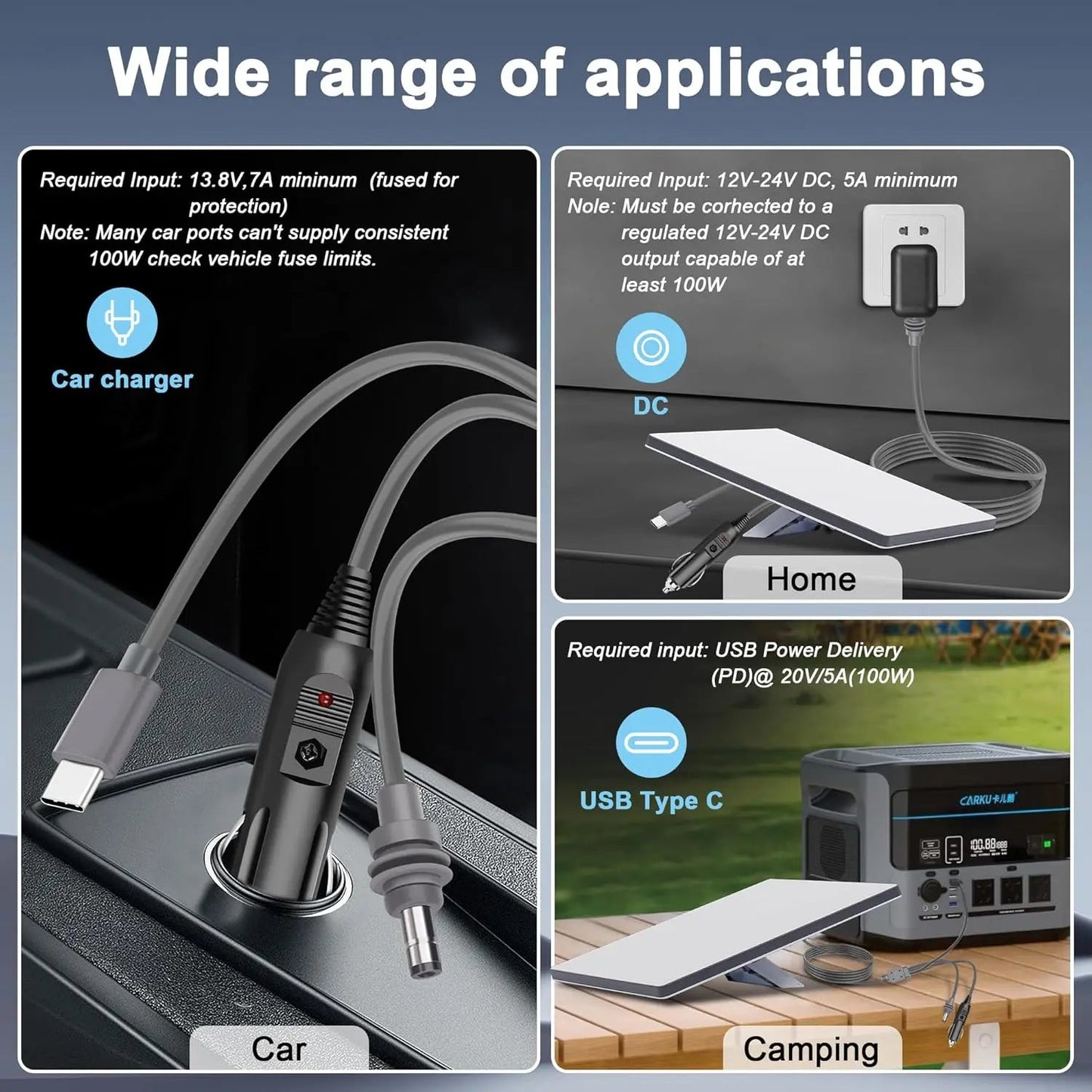 Starlink 3-in-1 mini cable with USB-C, DC power, and car cigarette lighter plug for high-speed 100W connectivity.