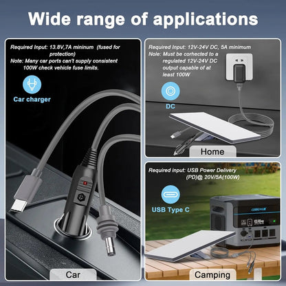 Starlink 3-in-1 mini cable with USB-C, DC power, and car cigarette lighter plug for high-speed 100W connectivity.