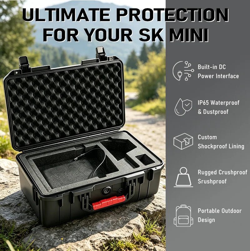 Starlink Mini waterproof shockproof hard storage case with custom foam for travel and camping, designed for wireless RV use.
