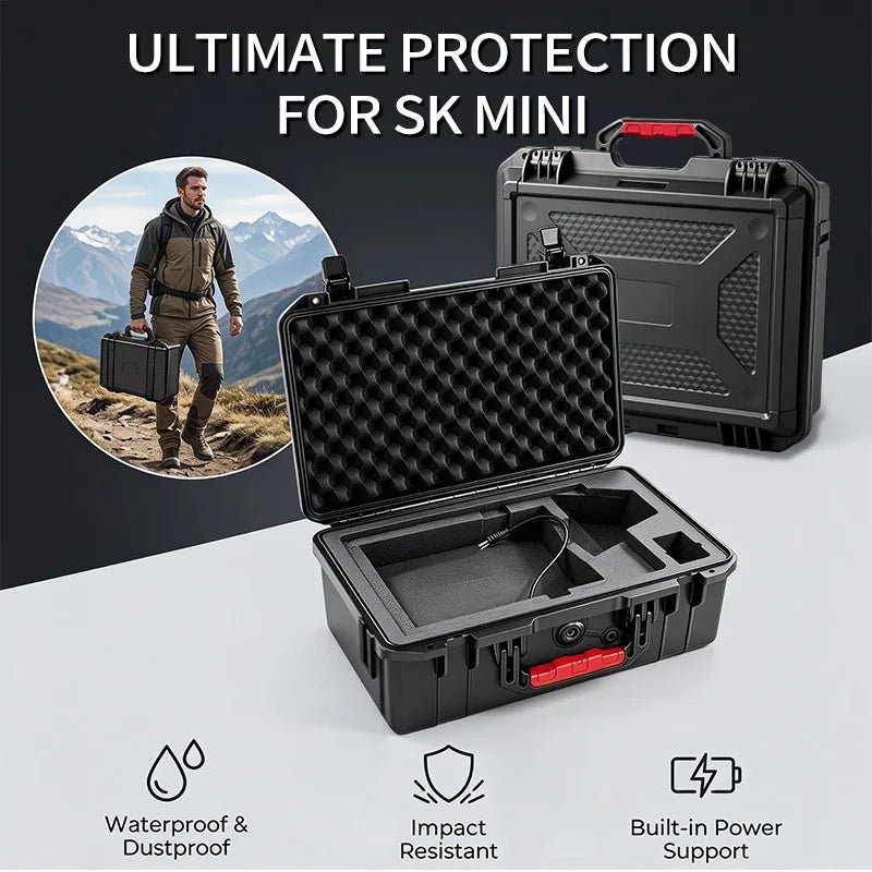 Black hard protective storage case for Starlink Mini, waterproof, shockproof, with custom foam for RV camping and wireless device protection.