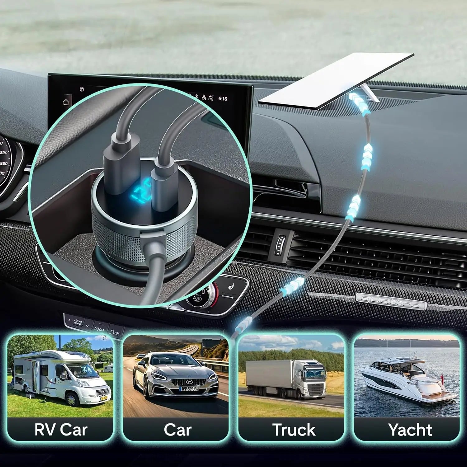 Starlink Mini Car Charger with LED voltage display, IP68 waterproof DC power cable for RV, truck, or yacht, 5M length.