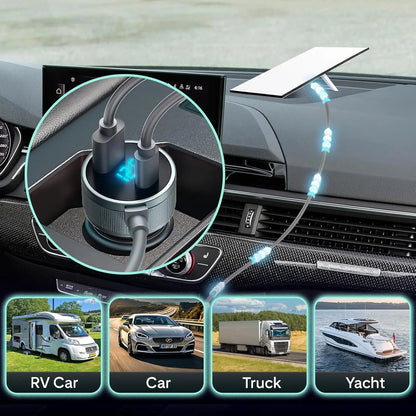 Starlink Mini Car Charger with LED voltage display, IP68 waterproof DC power cable for RV, truck, or yacht, 5M length.