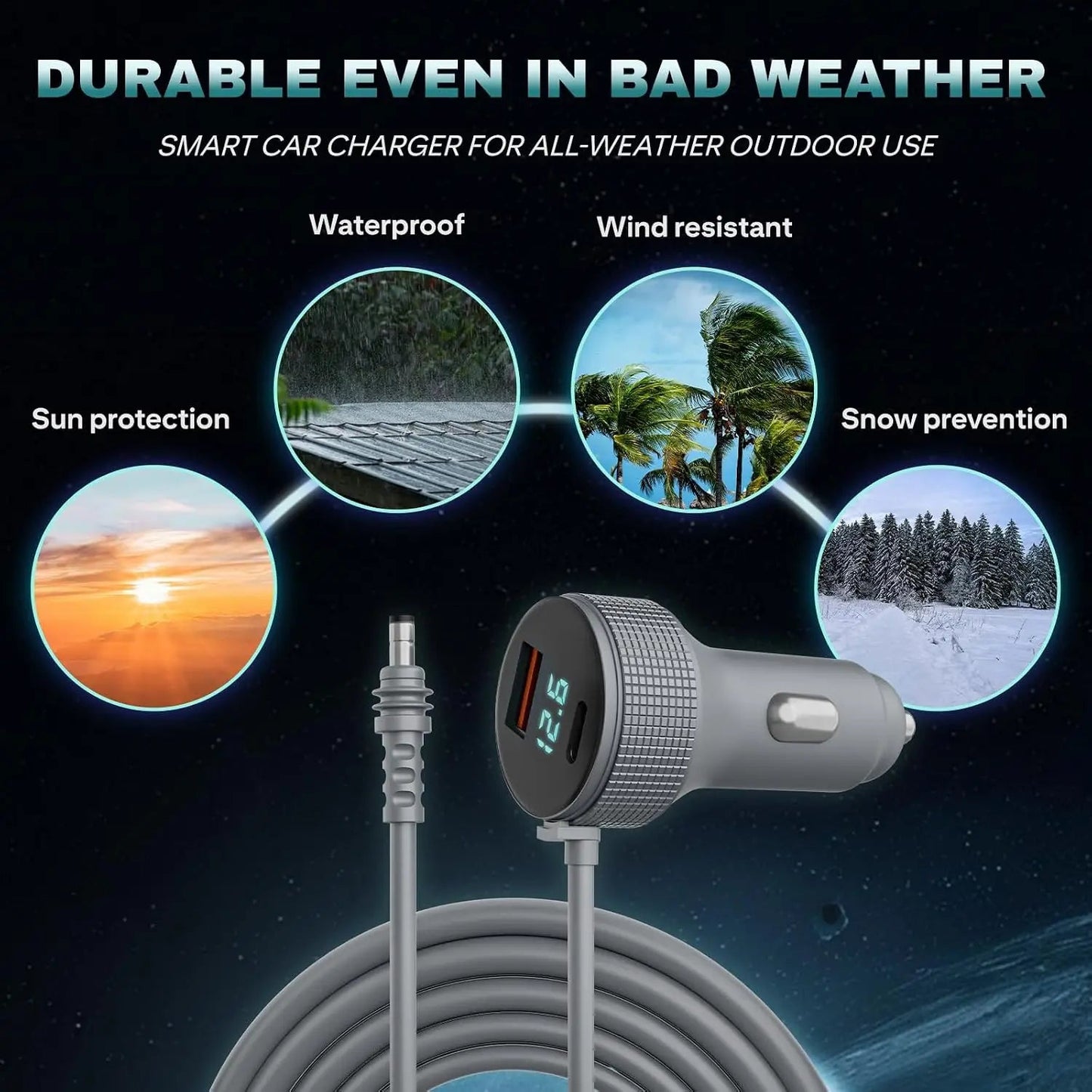 Starlink Mini Car Charger with LED voltage display, IP68 waterproof DC power cable for RV, truck, yacht, 5M length.