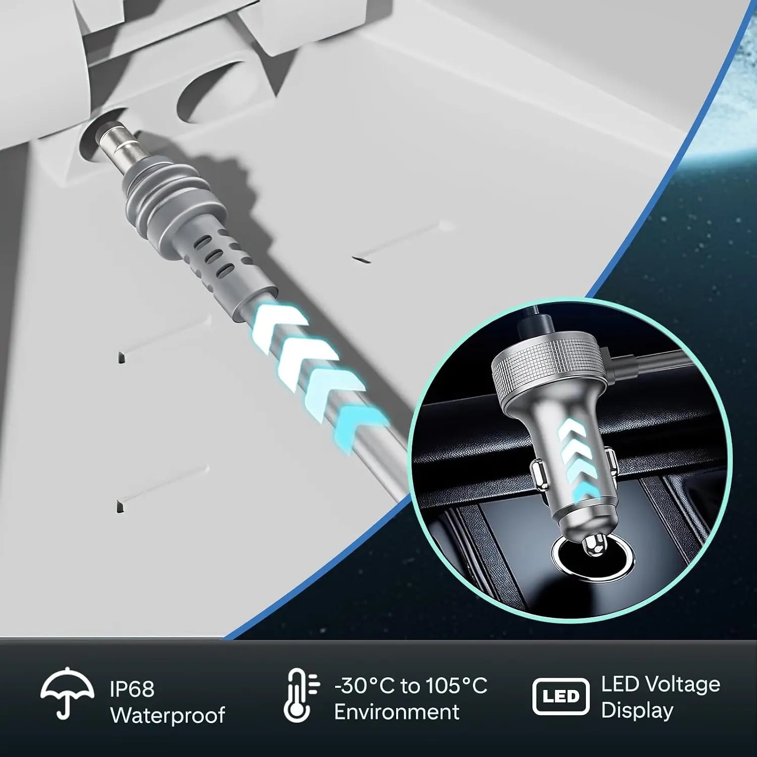 Starlink Mini Car Charger with LED voltage display, IP68 waterproof DC power cable for RV, truck, and yacht applications, 5 meters long.
