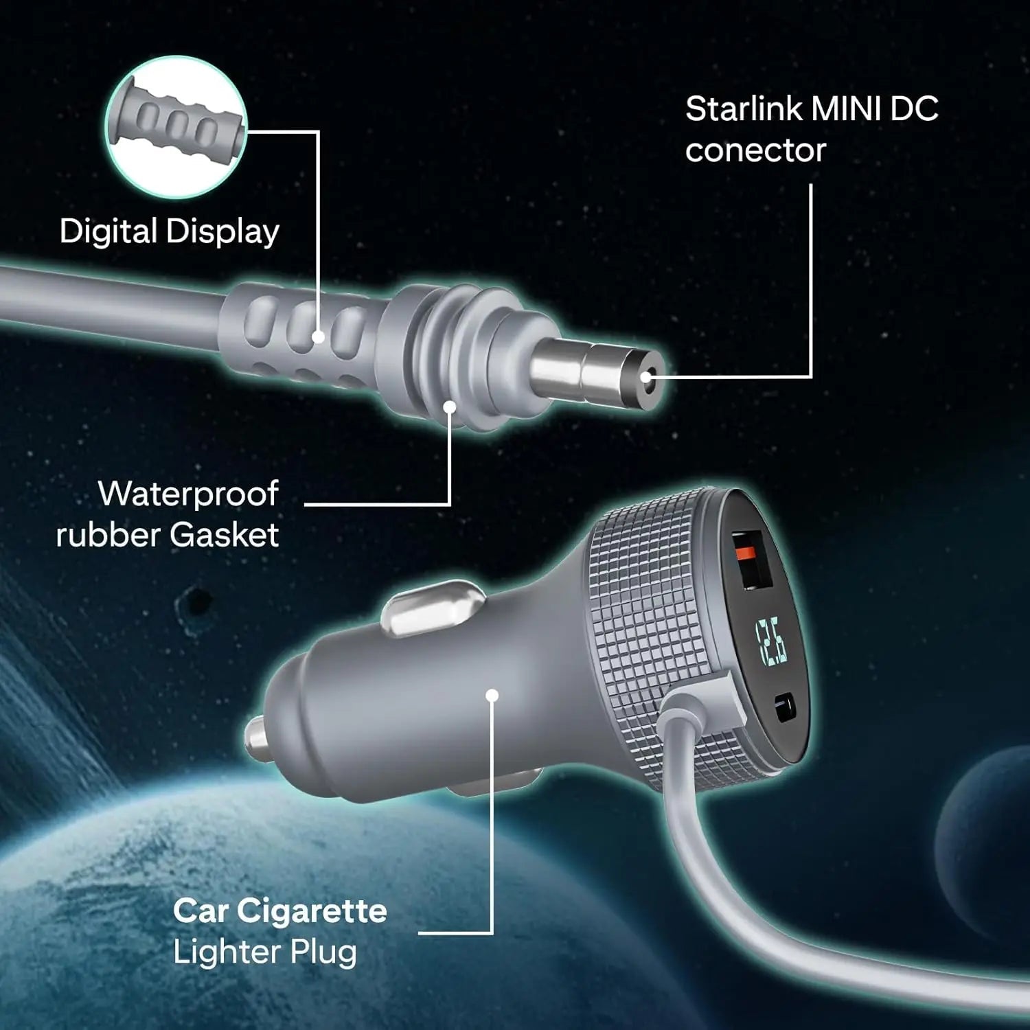 Starlink mini car charger with LED voltage display, IP68 waterproof DC power cable for RV, truck, yacht, 5M length.