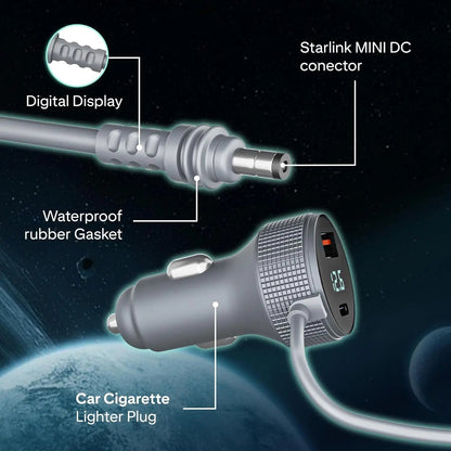 Starlink mini car charger with LED voltage display, IP68 waterproof DC power cable for RV, truck, yacht, 5M length.