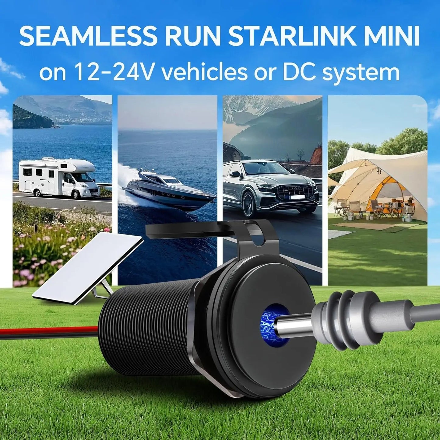 Starlink Mini DC Power Adapter for RV, weatherproof silicone cable, converts 12-24V to 30V step-up converter, outdoor use.