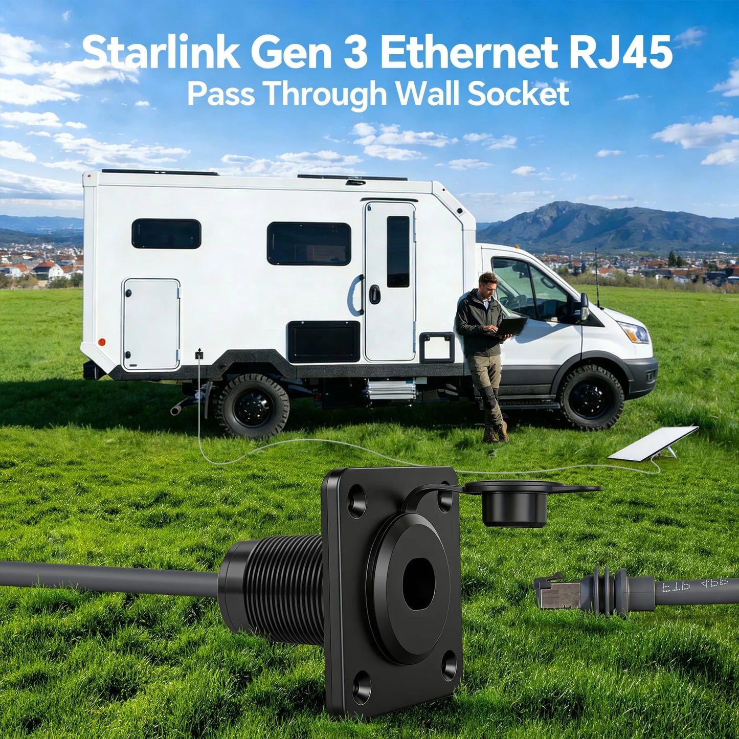 Waterproof Starlink Gen3 RJ45 pass-through wall socket with CAT6 Ethernet female connectors and aluminum bulkhead panel from Guangzhou Chuangze