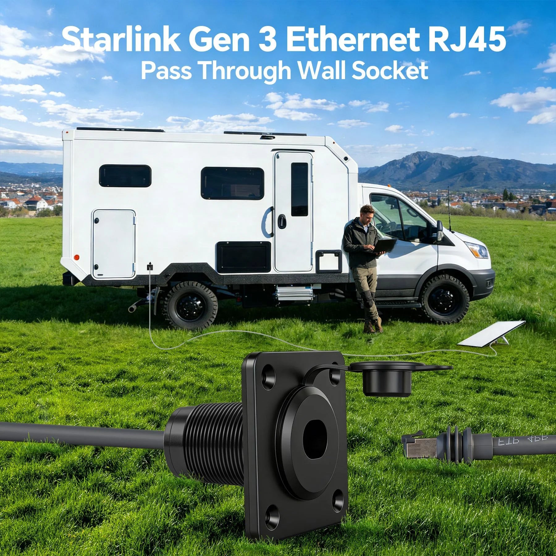Waterproof Starlink Gen3 RJ45 pass-through wall socket with CAT6 Ethernet female connectors and aluminum bulkhead panel from Guangzhou Chuangze