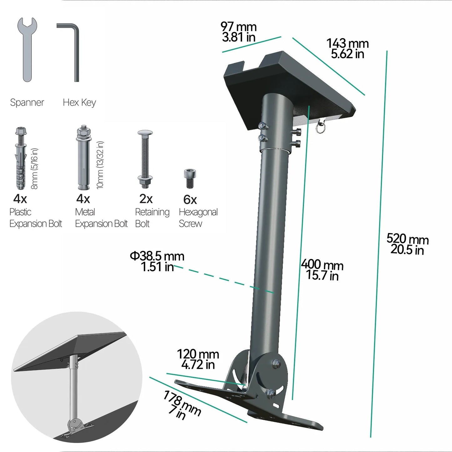 Starlink Gen3/V3 adjustable straight pipe wall mount bracket kit in black, made of carbon steel for outdoor and marine use.