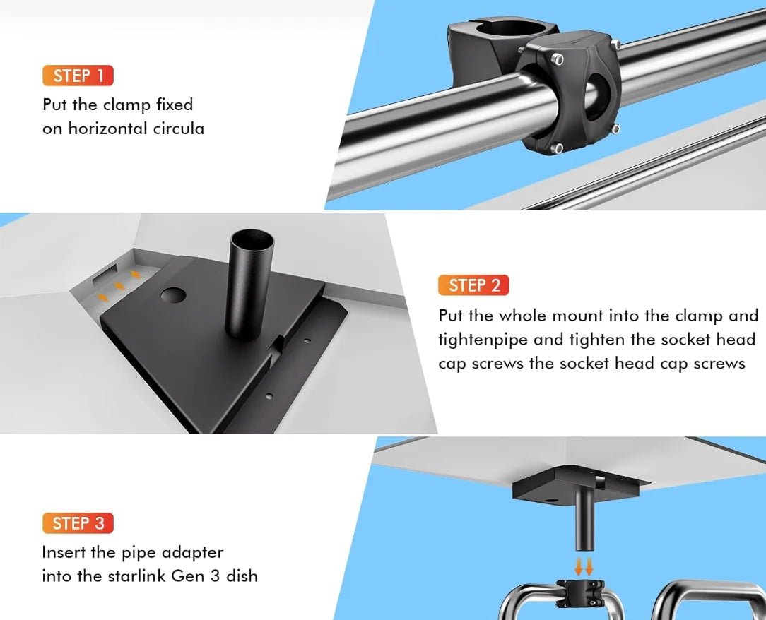 Metal alloy Starlink Gen 3 roof mount kit with adjustable pipe adapter for standard V3 dish, designed for RV outdoor installation.