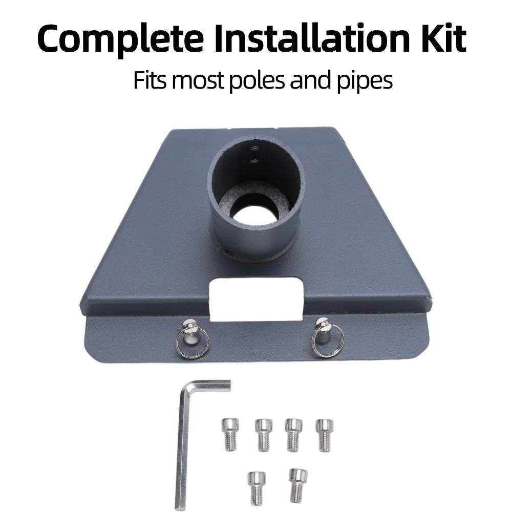 Starlink Gen 3 pipe adapter and adjustable pole mount bracket in grey for wall, roof, RV, and car installation.