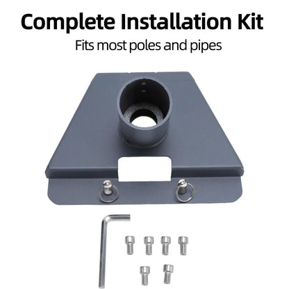 Starlink Gen 3 pipe adapter and adjustable pole mount bracket in grey for wall, roof, RV, and car installation.