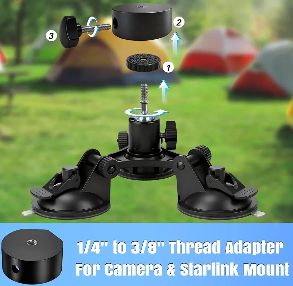 Starlink Mini windshield mount with 3-cup suction, 360° swivel, heavy-duty vehicle dashboard holder, weatherproof design