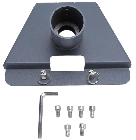 Gray aluminum alloy Starlink Gen3 V3 mount bracket with locking pins and pipe adapter for outdoor installation.
