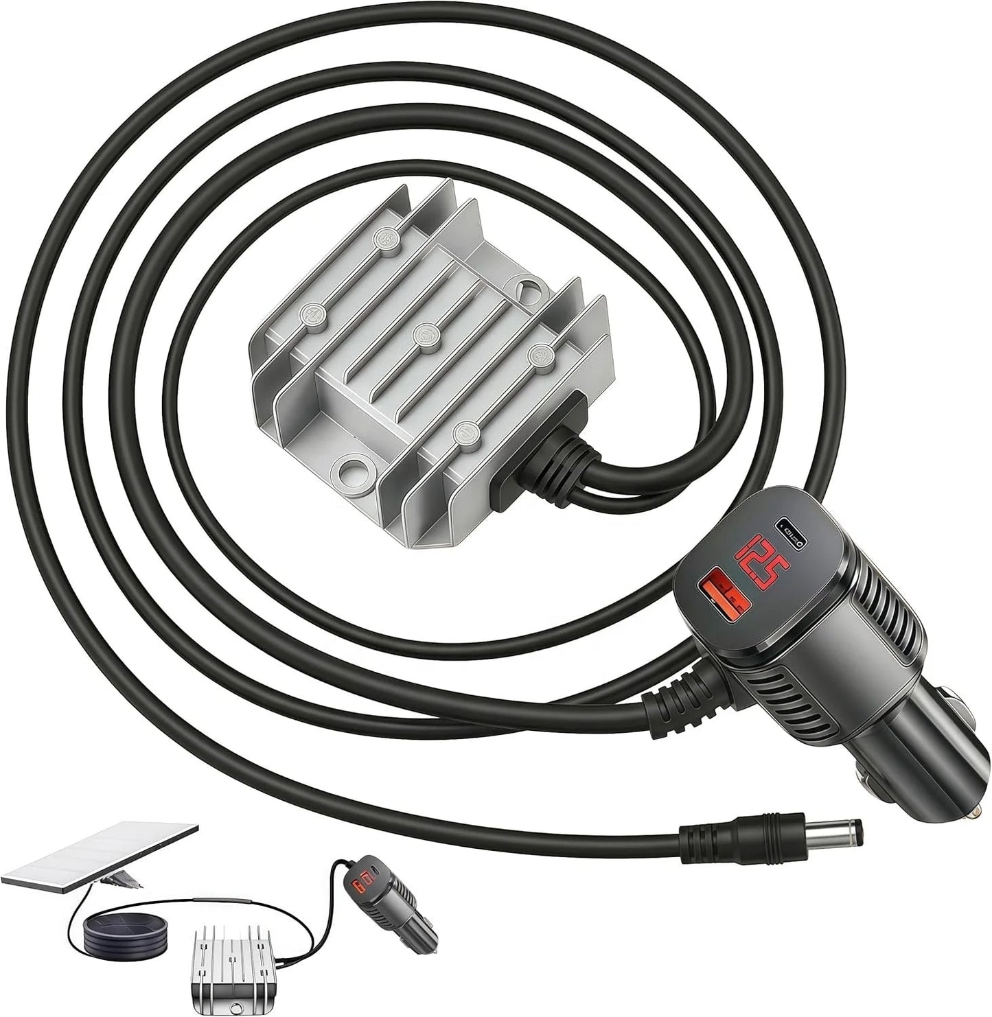 Starlink mini car cigarette lighter plug to DC step-up converter with digital display and Type-C USB-A ports, 16AWG power adapter cable.