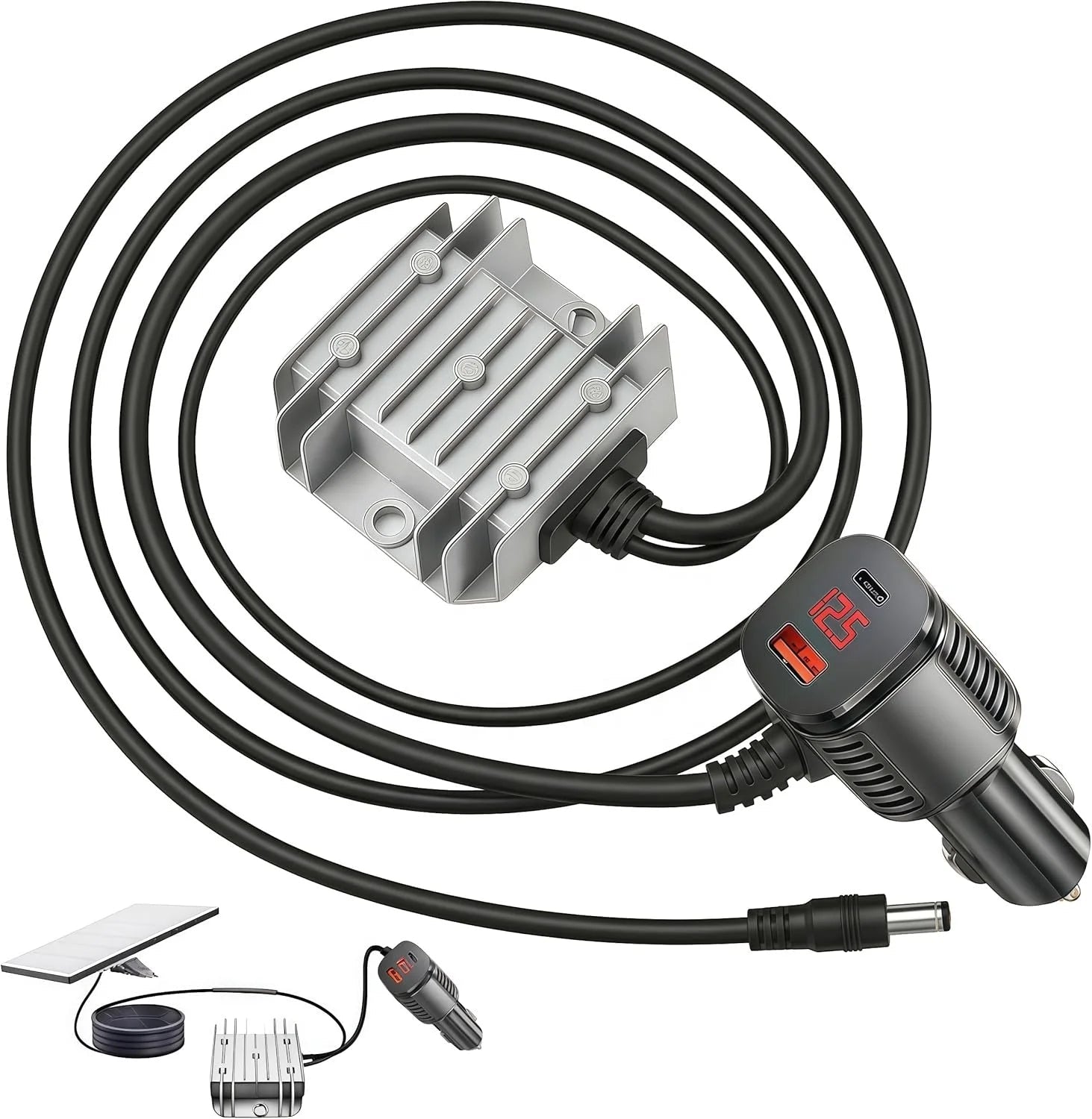 Starlink mini car cigarette lighter plug to DC step-up converter with digital display and Type-C USB-A ports, 16AWG power adapter cable.