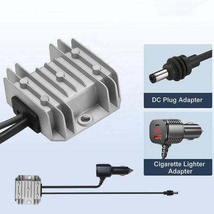 Starlink mini car cigarette lighter plug to DC step-up converter with Type-C, USB-A ports, and digital display for power monitoring.