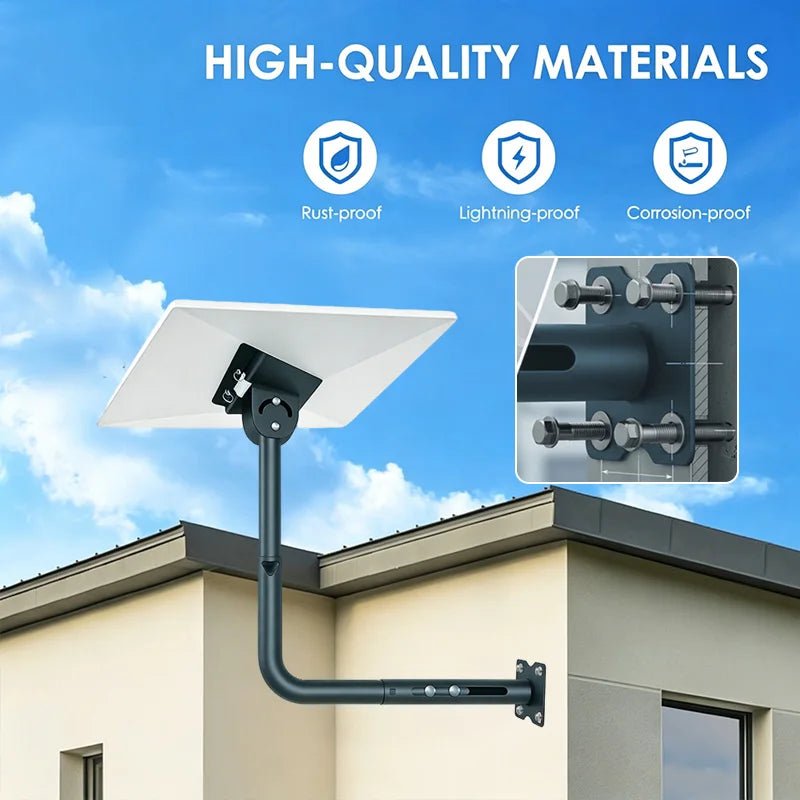 Starlink Gen 3 standard dish telescopic elbow support bracket mounted on a wall, outdoor heavy-duty adjustable mount with pipe adapter.