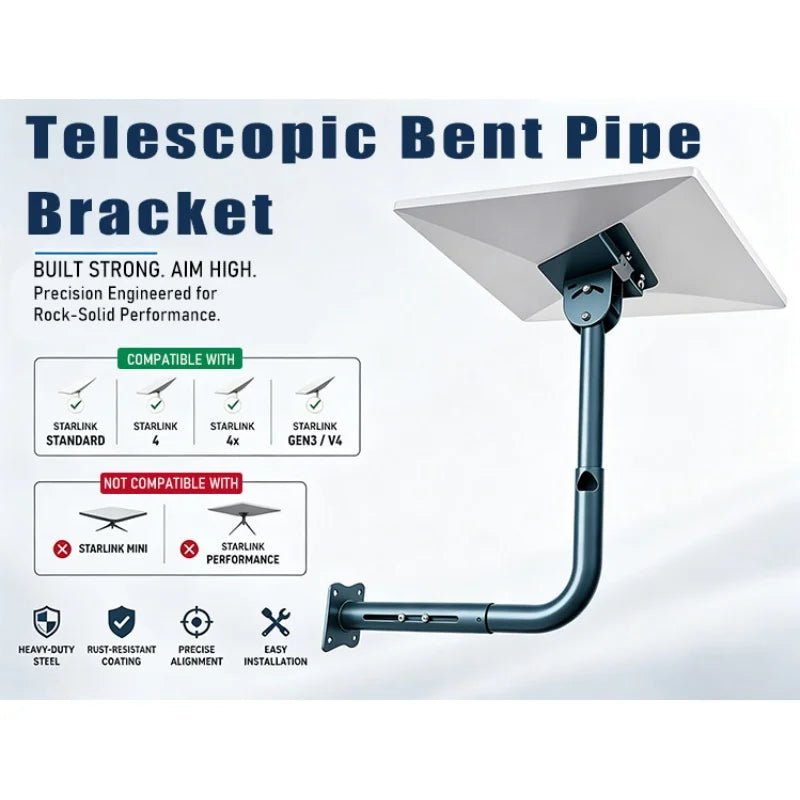 Starlink Gen 3 standard dish telescopic elbow support bracket for wall or roof mount, heavy-duty adjustable outdoor pipe adapter.