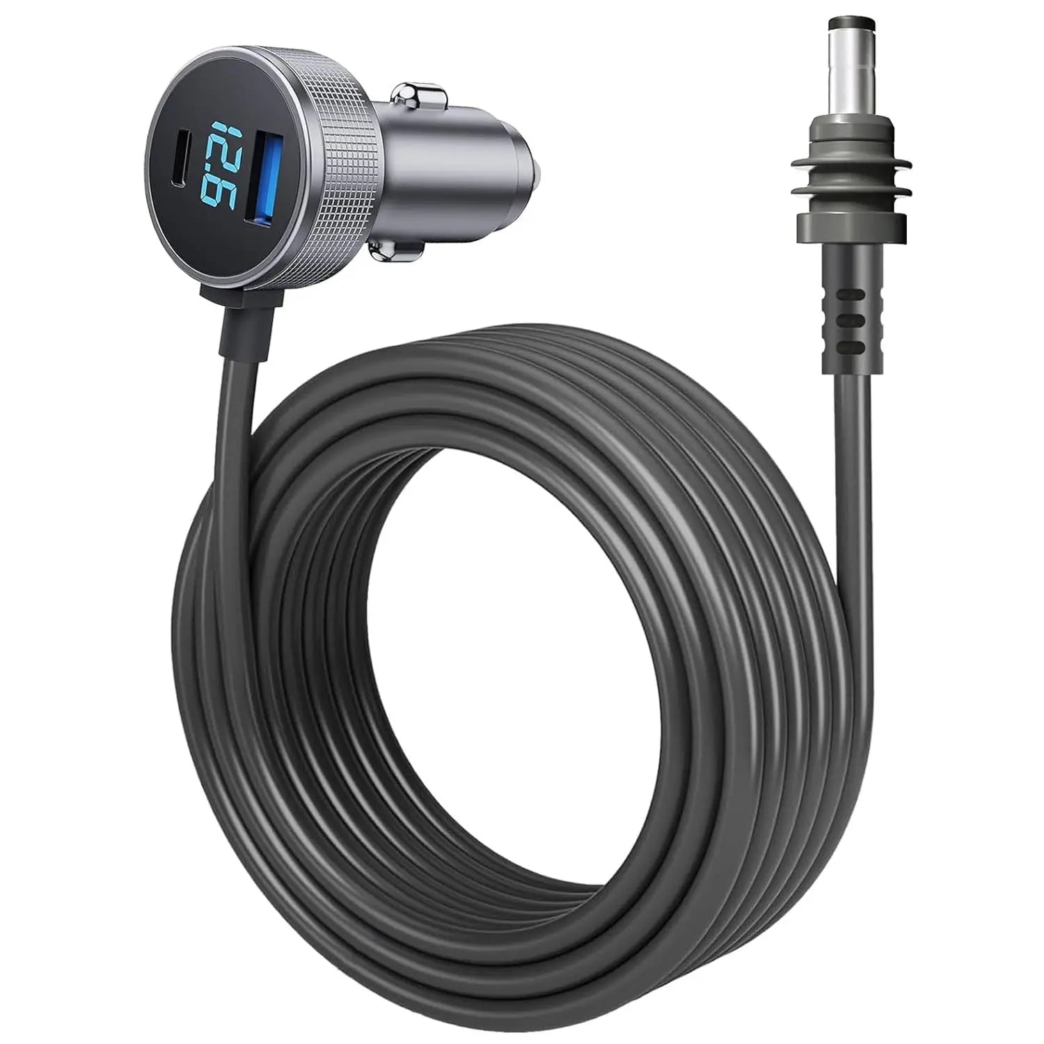 Starlink Mini Car Charger DC power cable with digital display, USB-A port, cigarette lighter adapter, durable and stable transmission.