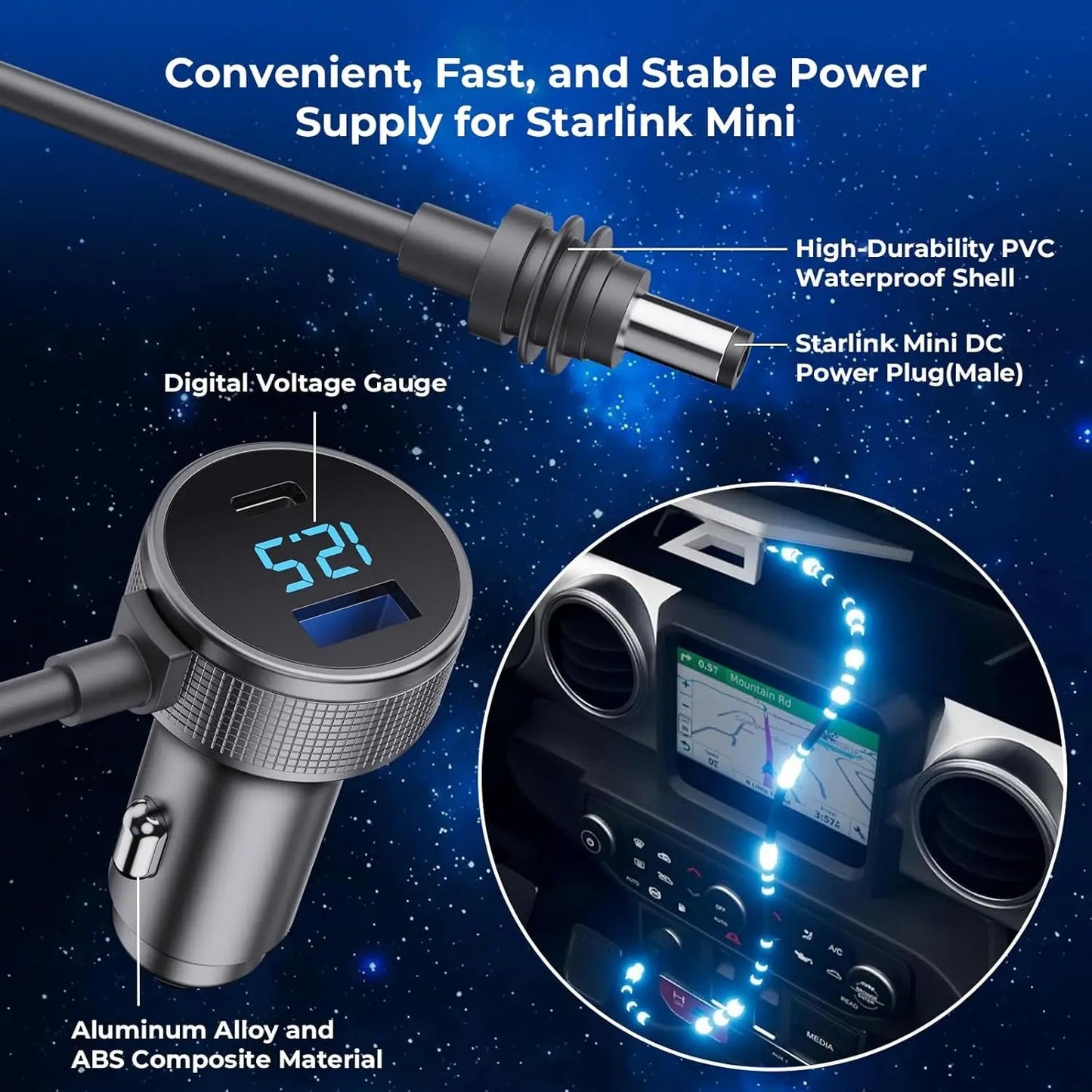 Starlink mini car charger DC power cable with digital display, USB-A port, cigarette lighter adapter, durable and stable transmission.