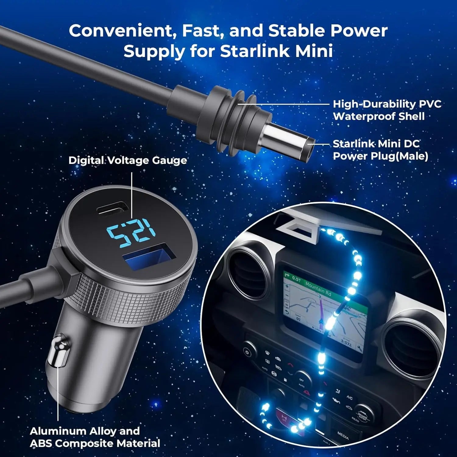 Starlink mini car charger DC power cable with digital display, USB-A port, cigarette lighter adapter, durable and stable transmission.