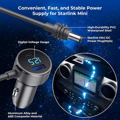 Starlink mini car charger DC power cable with digital display, USB-A port, cigarette lighter adapter, durable and stable transmission.