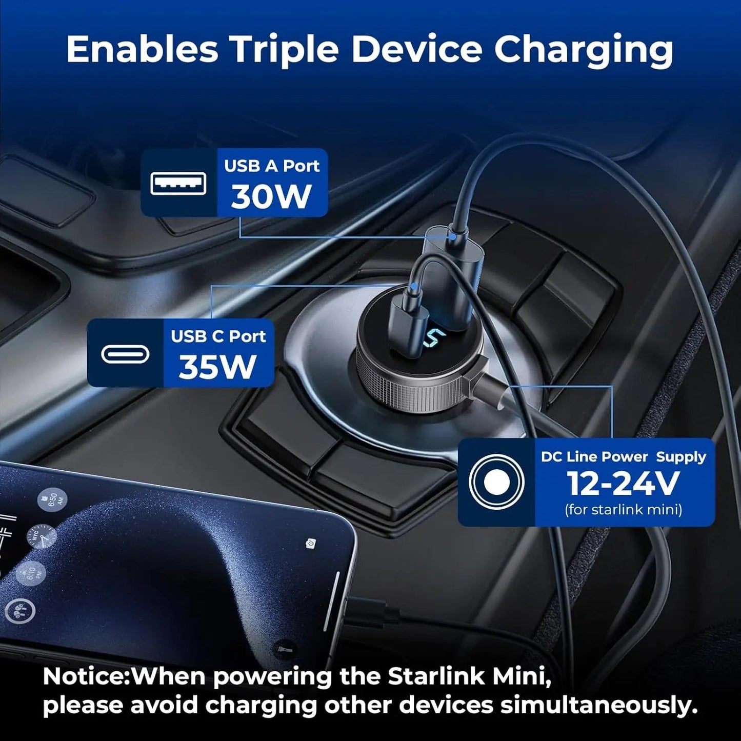 Starlink Mini Car Charger DC Power Cable with digital display, USB-A port, cigarette lighter adapter, durable and stable transmission.
