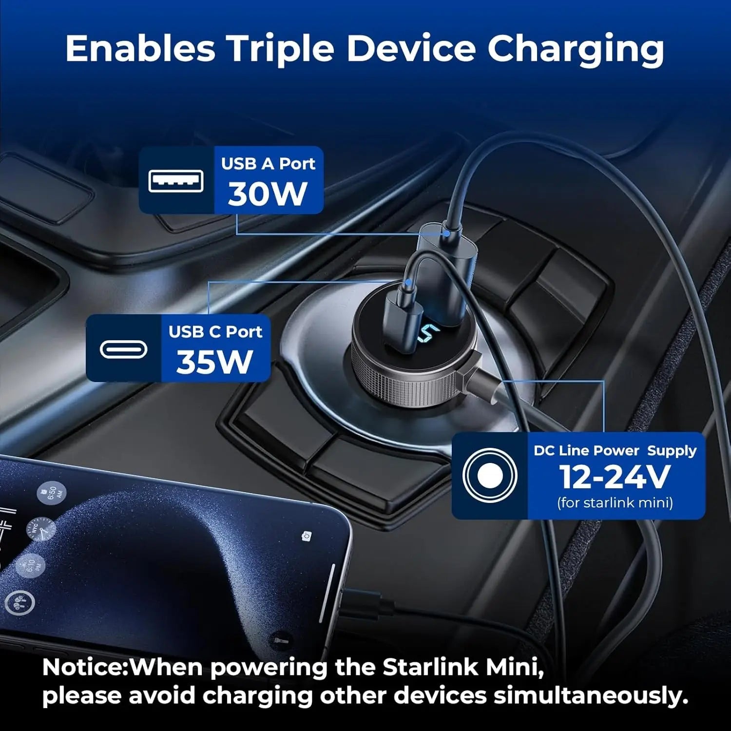 Starlink Mini Car Charger DC Power Cable with digital display, USB-A port, cigarette lighter adapter, durable and stable transmission.