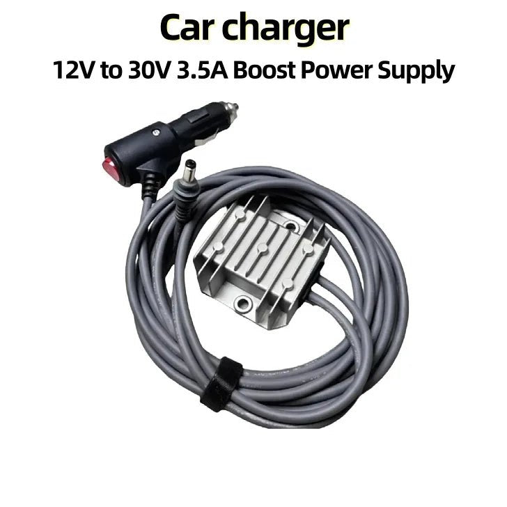 Starlink Mini Car Power Adapter with cigarette lighter plug, on/off switch, 12V/24V to 30V step-up DC cable, 16AWG, 3.5A.