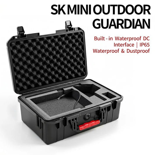 Starlink Mini hard plastic equipment case with custom foam, shockproof interior, waterproof DC interface, designed for secure instrument storage
