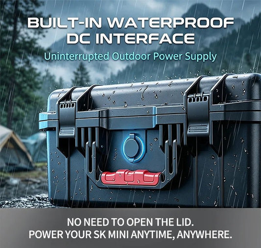Starlink mini hard plastic equipment case with custom foam, shockproof interior, waterproof DC interface for secure instrument storage.
