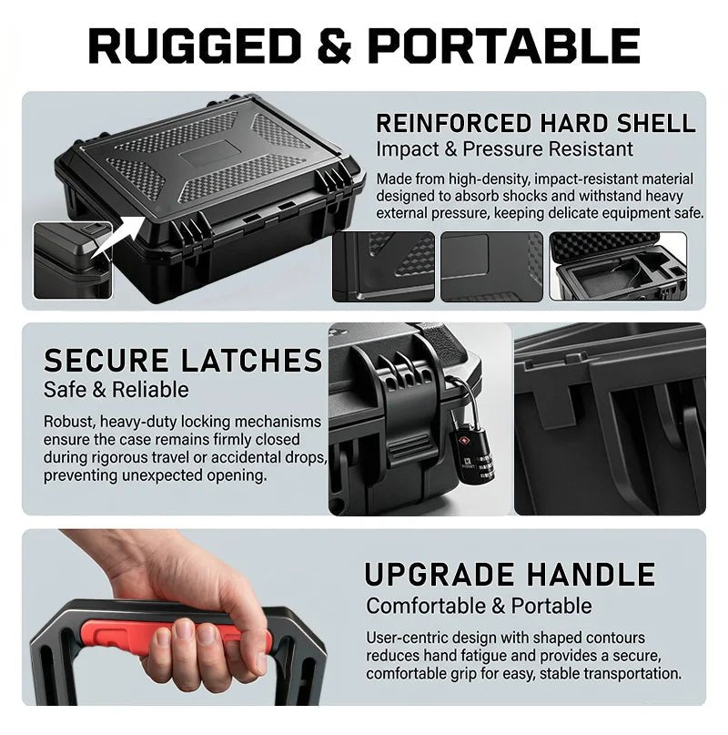 Starlink mini hard plastic equipment case with custom foam, shockproof interior, waterproof DC interface for secure instrument storage.