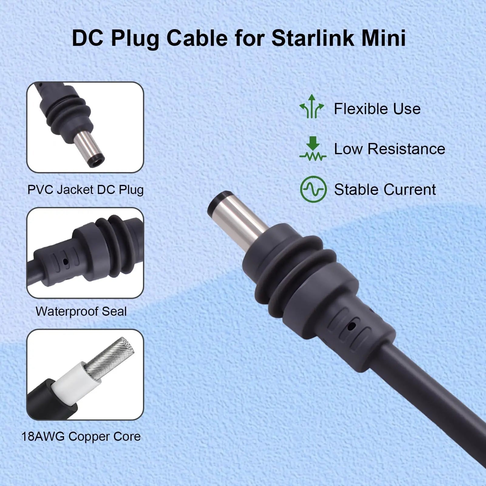Starlink mini O-ring to DC male cable boost converter showing compact power supply with fuse for 12V/24V to 30V conversion.