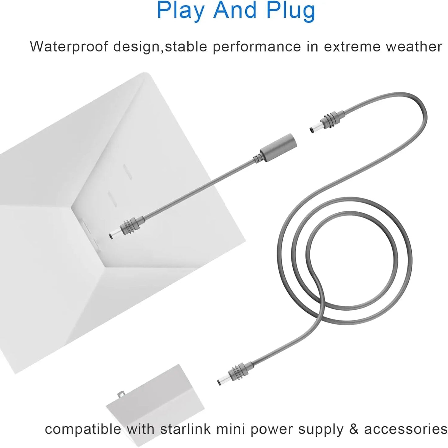 Starlink Mini extension cable with DC male to female connectors, waterproof outdoor accessory in grey, 18AWG wire length 0.2m