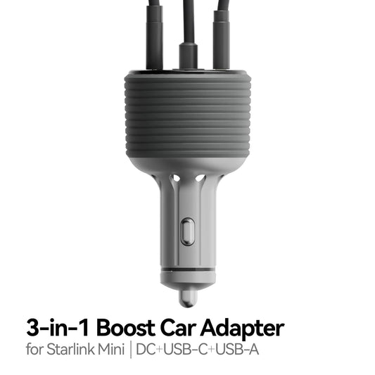 Starlink 3-in-1 mini car adapter with cigarette lighter plug, USB port, and built-in boost converter for fast charging.